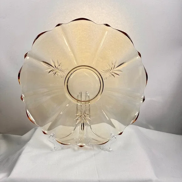 Vintage Amber Glass Scalloped Edge Dessert Cake‎ Stand Tray Floral Etched Topaz - Picture 15 of 16